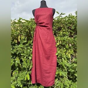NWT MAGASCHONI Burgundy 100% Linen Ruched Side Cut-out Dress 👗 - Size 8